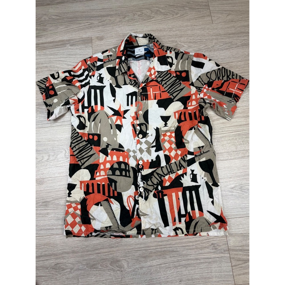 PS Paul Smith Mens Abstract Italian Graphic Print Camp Shirt Size M